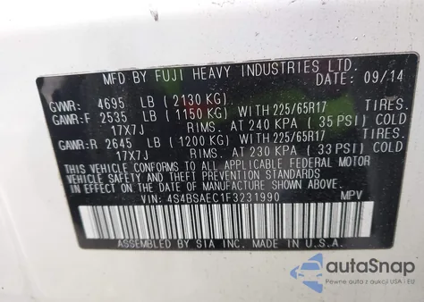 2015 Subaru Outback 2.5I Premium from USA, damaged, VIN 4S4BSAEC1F3231990